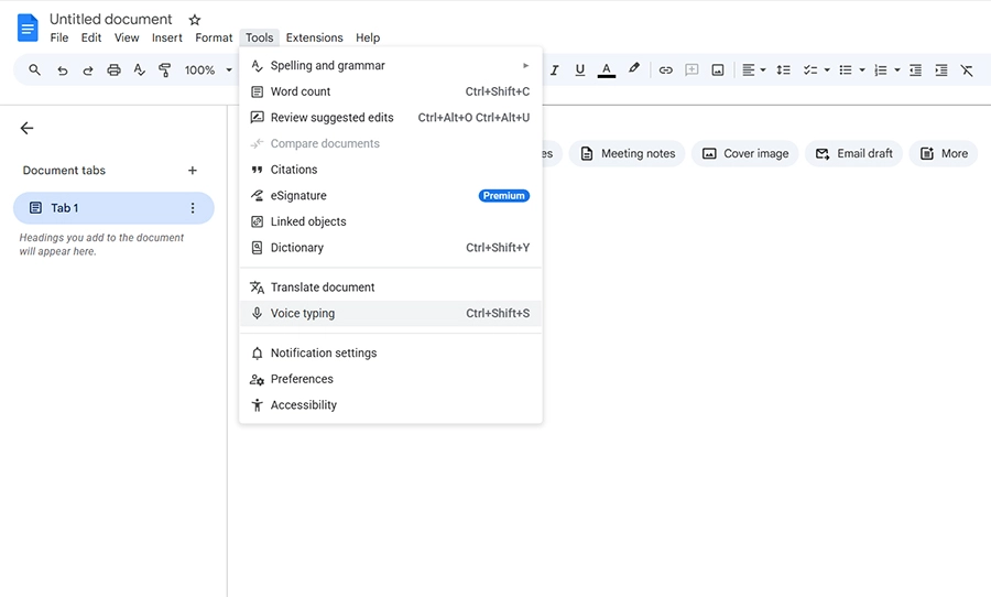 ۱. گوگل داکس (Google Docs Voice Typing)